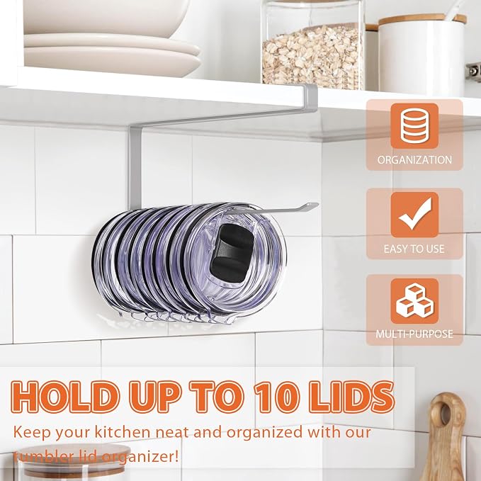 Tumbler Lid Organizer, Horizontal Tumbler Lid Storage Hook Up to 10 Lids - Image 2