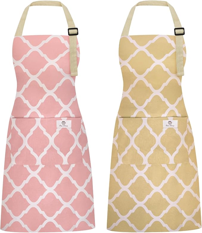 2 Pieces Aprons for Women with Pockets, Cotton Linen Waterproof Kitchen Cooking by Riqiaqia