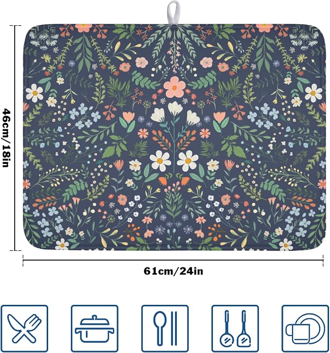 Floral Dish Drying Mat for Kitchen Counter Rustic Flower Leaves Print - Image 2