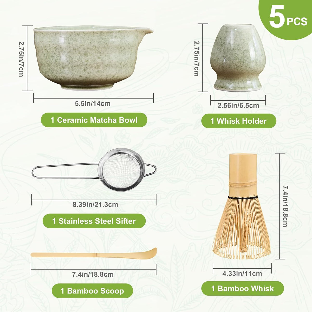 5Pcs Matcha Whisk Set - Matcha Bowl with Spout, 100% Bamboo Whisk