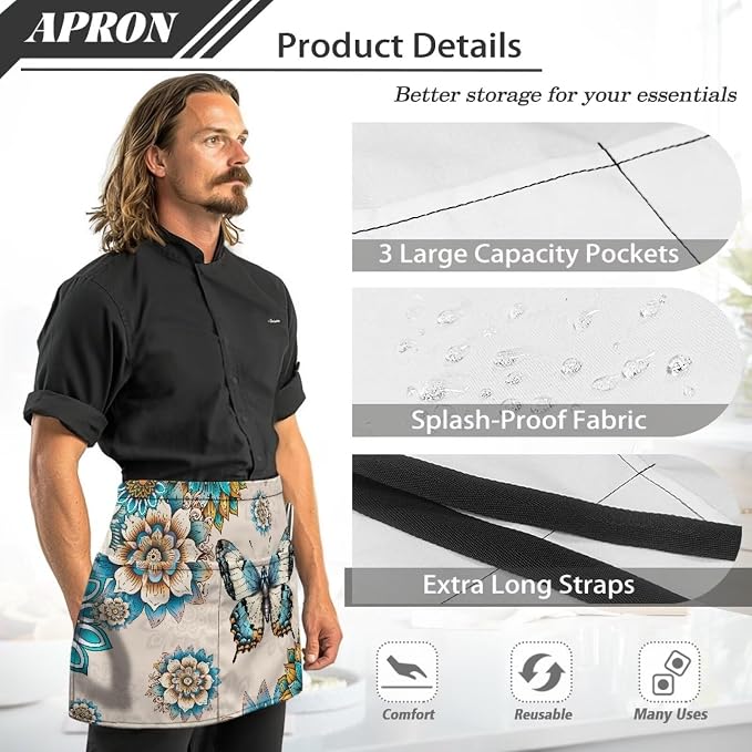 Server Apron with 3 Pockets, Waterproof Oil Waitress Waiter Half Apron - Image 7