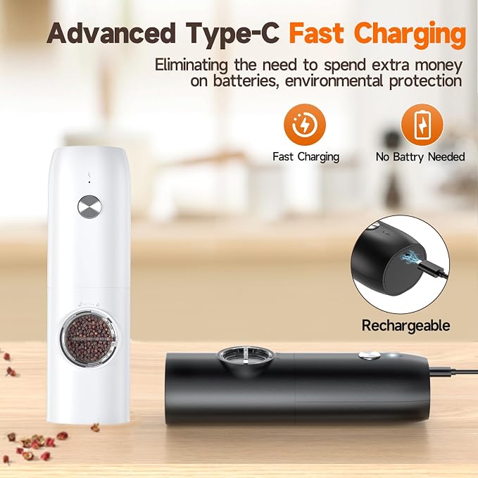 Electric Salt and Pepper Grinder Set, USB Rechargeable One Hand Operation - Image 2