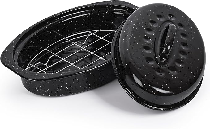 13” Roaster Pan with Lid and Rack, Small Enamel Roaster Pan with Oval Roasting by YIDAZLE