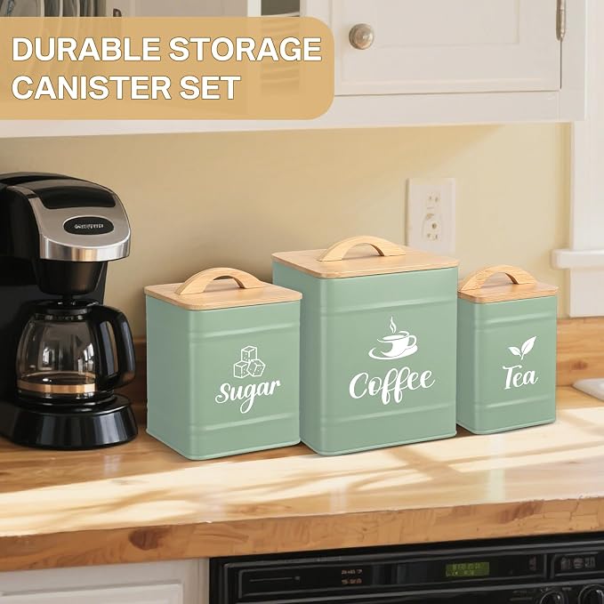 Maxdot 3 Set Coffee Sugar Tea Containers, Square Airtight Kitchen Canisters - Image 6