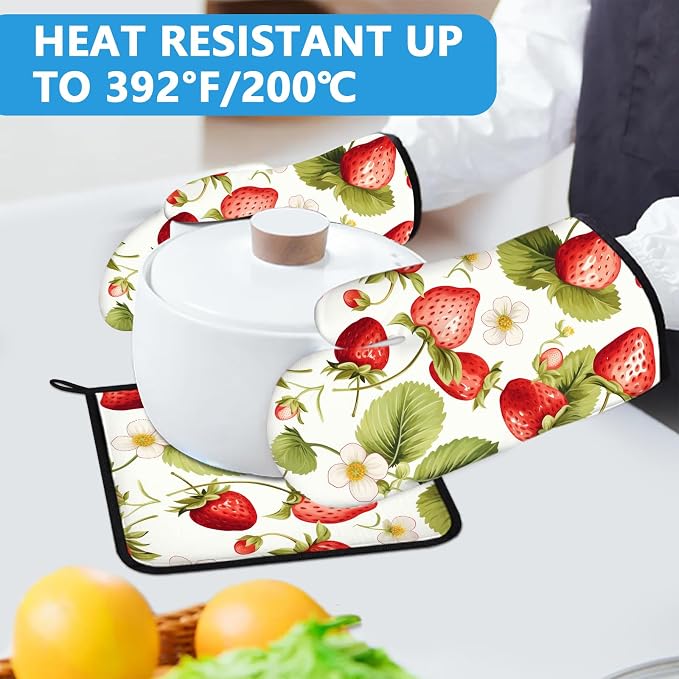 Red Strawberry Flower Oven Mitts and Pot Holders Sets Heat Resistant 4Pcs - Image 5