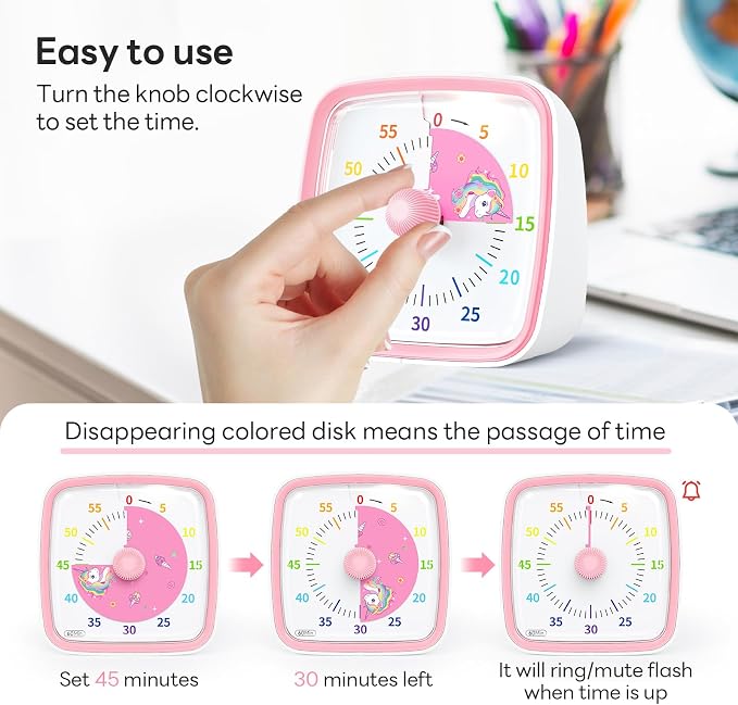 Yunbaoit Visual Timer with Night Light, 60-Minute Unicorn Countdown Timer - Image 3