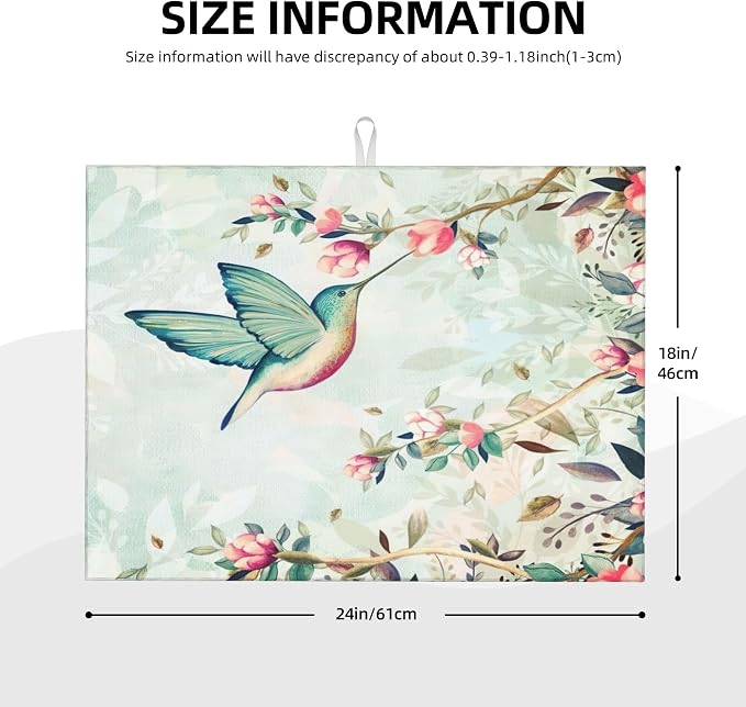 Hummingbird Flowers Dish Drying Mat 18x24 Inch, Microfiber Absorbent Fast Dry - Image 2