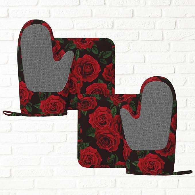 Red Black Rose Flower Oven Mitts and Pot Holders Sets of 4, Heat Resistant - Image 6