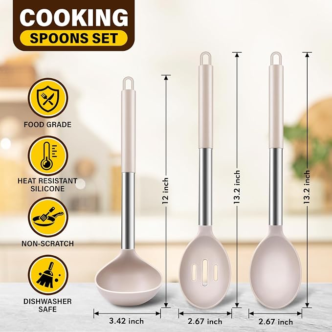 3Pcs Silicone Cooking Spoon Set, Kitchen Utensils Include Solid & Slotted Spoon - Image 2
