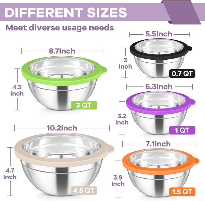 TeamFar Mixing Bowl Set, 4.5/3/1.5/1/0.7 QT Stainless Steel Nesting Salad Bowls - Image 2