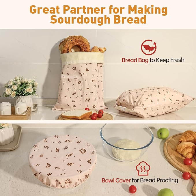 Tirphy 3 Pack Reusable Bread Bags and Bowl Cover Set, Beeswax Bread Bags - Image 4