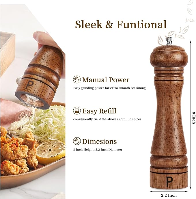 Haomacro Wooden Salt and Pepper Grinder Set Refillable Salt & Pepper Mills - Image 3
