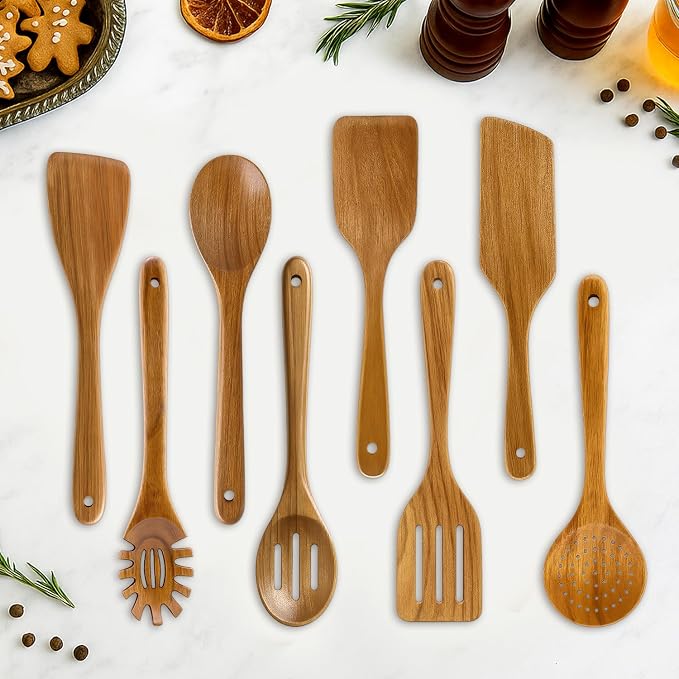 9 Pack Best Wooden Spoons Non Toxic Cooking Utensil Set - Image 4