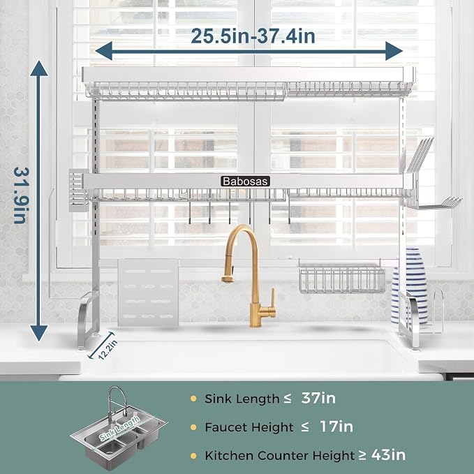 Over The Sink Dish Drying Rack, 3 Tier Adjustable Length Full Stainless Steel - Image 7