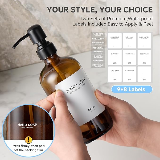2 Pack Kitchen Soap Dispenser Set - 16oz Amber Glass Dish and Hand Soap - Image 4