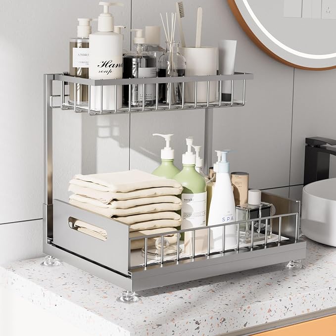 Saydear Under Sink Organizer Storage 2-Tier Premium Metal Pull-Out Kitchen - Image 3