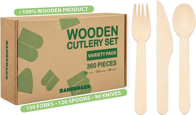 Wooden Cutlery Variety Pack 360pcs | 100% Natural Birch Wood Disposable by Bamboware