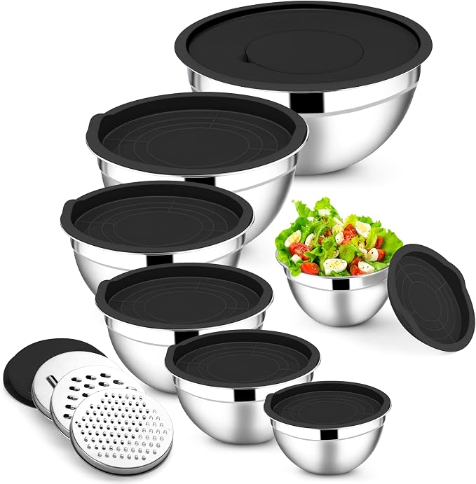 E-far Mixing Bowls with Lids Set, 7-Piece Stainless Steel Metal Mixing Bowls by E-far