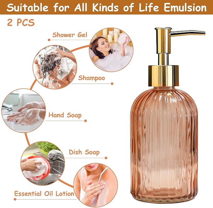 Glass Soap Dispenser with Gold Plastic Pump, 13.5oz Refillable Liquid Hand Soap - Image 4