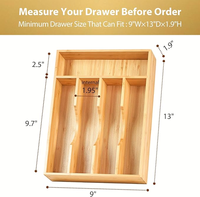 Umilife Bamboo Kitchen Drawer Organizer, 9 Inch Silverware Utensils Tray Holder - Image 6