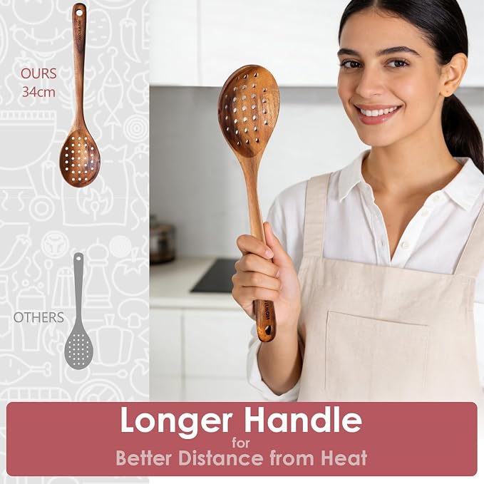 HOWHONG Slotted Spoon Wooden Cooking Utensil, Long Handle Acacia Wood Spoon - Image 6