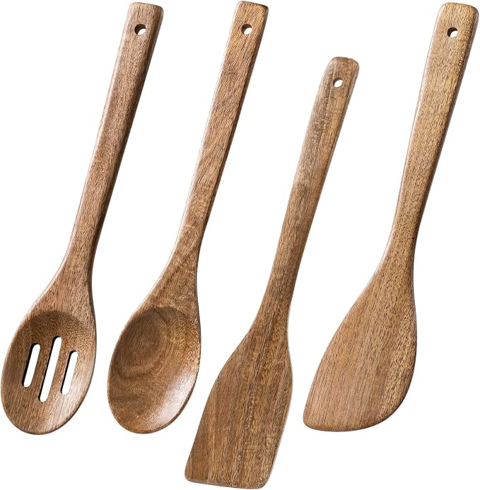 Wooden Spoons for Cooking, 4-Piece Wood Utensil Set Includes Slotted Spoon by HEFILD