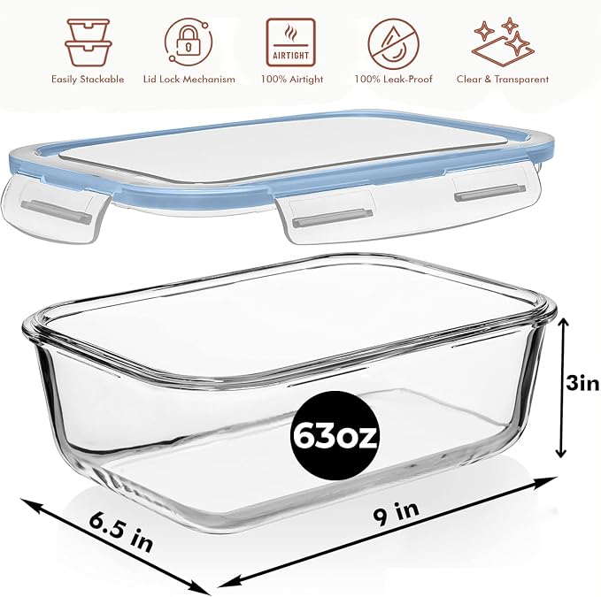 Razab 4 PC 1860ml / 63 Oz / 8 Cups Large Glass Food Storage Containers - Image 3