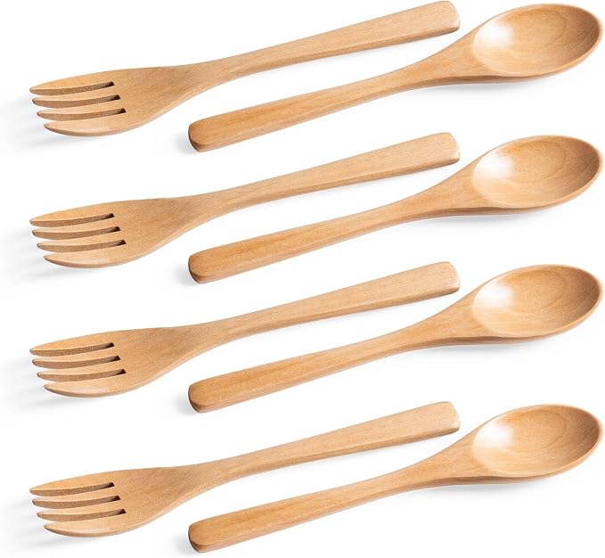 8pcs 6.3inch Schima Wooden Utensil Set Including Spoons and Forks, Reusable by HEFILD