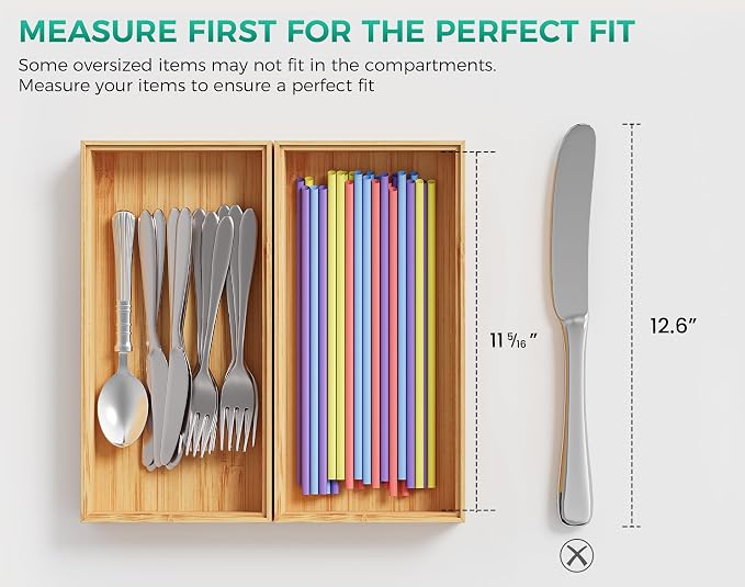 Bamboo Kitchen Drawer Organizer Boxes – 12" x 6" Stackable Wood Silverware - Image 3