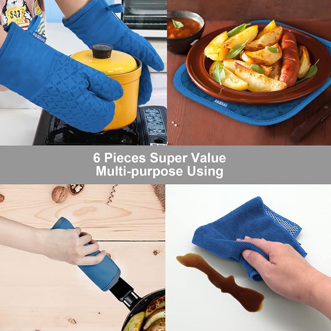 KEGOUU Oven Mitts and Pot Holders 6pcs Set, Kitchen Oven Glove High Heat - Image 7