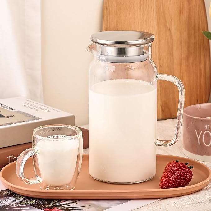 Set of 2 Glass Pitcher with Lid, 1200ml Leak Proof, Glass Water Jugs, Microwave - Image 3