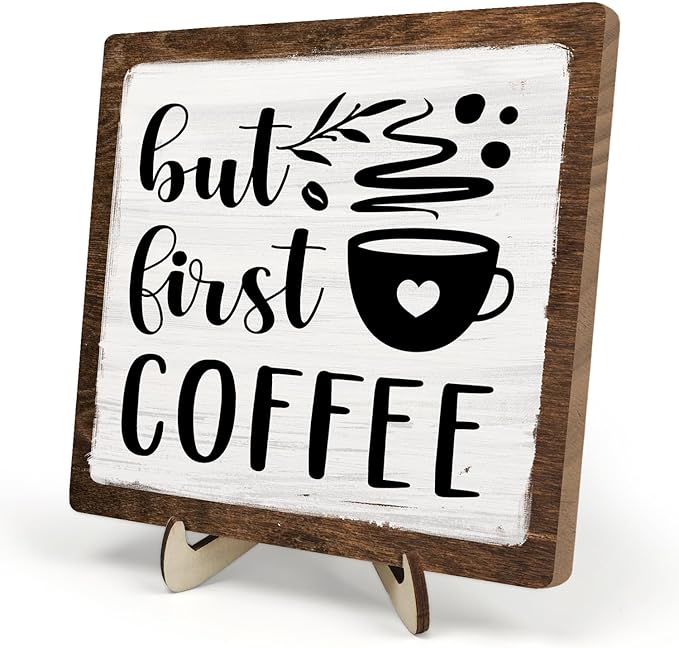 Vintage Coffee Bar Wooden Plaque Desk Sign, Farmhouse Wood Plaque Tabletop Decor by DMADNF