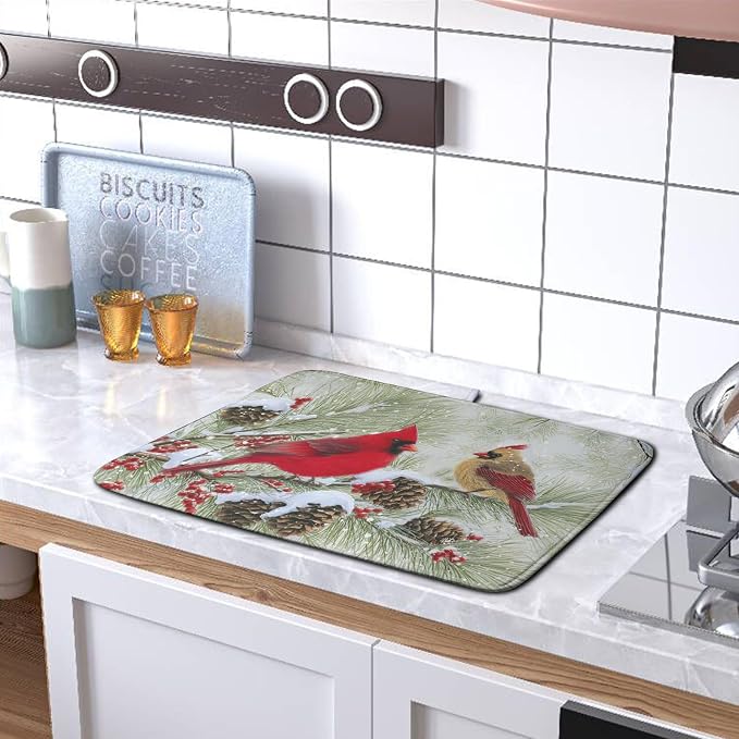 Winter Dish Drying Mat for Kitchen Counter 18x24 Inch Christmas Red Birds - Image 5