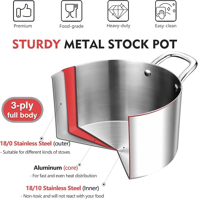 P&P CHEF 6 Quart Tri-Ply Stainless Steel Stock Pot, 6 Qt Stockpot Pasta Cooking - Image 4