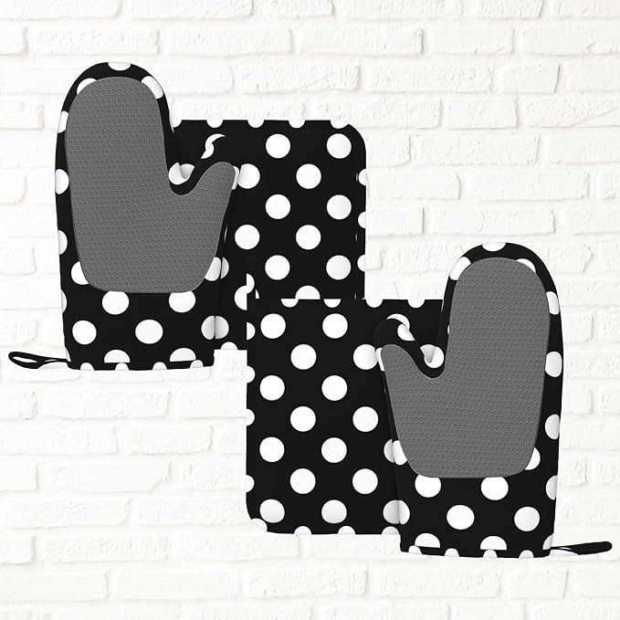 Black White Retro Polka Dot Oven Mitts and Pot Holders Sets of 4, Heat - Image 6