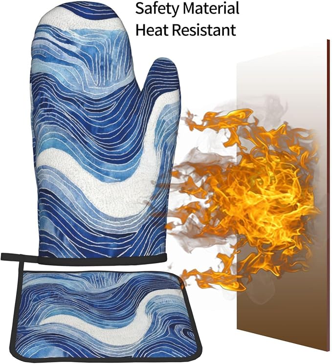 Blue and White Ocean Wave Oven Mitts and Pot Holders Sets of 3, Heat Resistant - Image 7