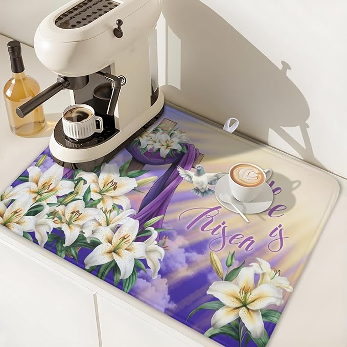 Easter Dish Drying Mat for Kitchen Counter He is Risen Cross Floral Purple - Image 7
