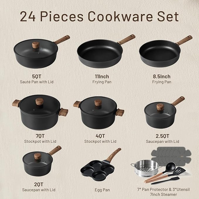 CAROTE 24Pcs Nonstick Kitchen Titanium Cookware Sets, Non stick Pots and Pans - Image 2
