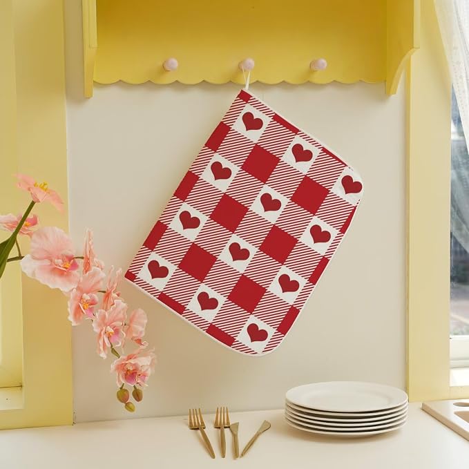 Happy Valentines Day Dish Drying Mat 18 x 24 inch Red Checkered Love Hearts - Image 5