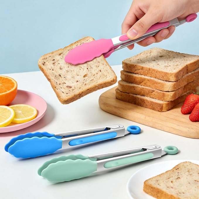 7-Inch Silicone Tongs Pack of 6, Small Stainless Steel Tongs - Image 2