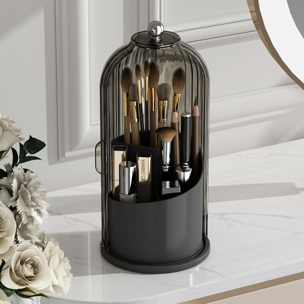 Makeup Brush Holder with Lid Rotating Cosmetic Organizer, Black-Grey