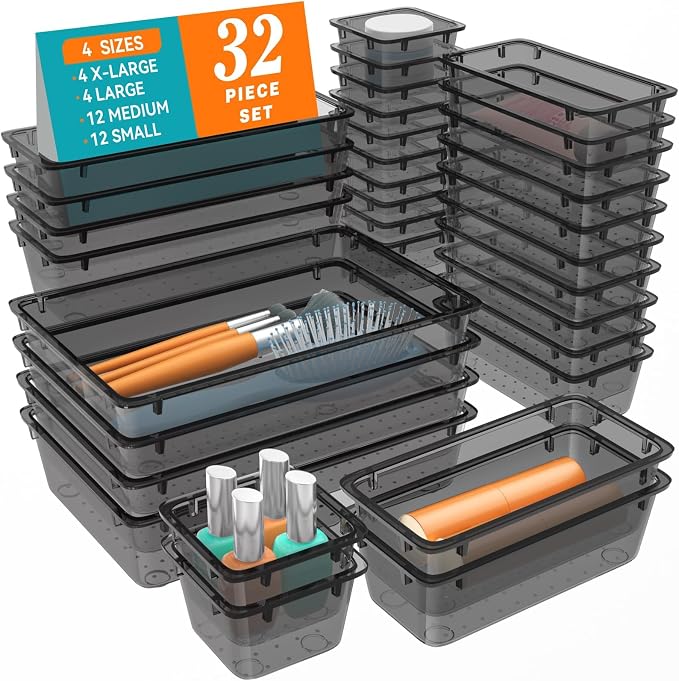 WOWBOX 32 PCS Clear Plastic Drawer Organizer Set, 4 Sizes Desk Drawer by WOWBOX