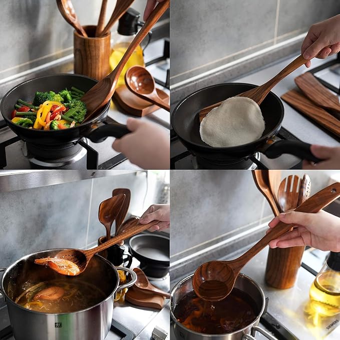 Wooden Utensil Set 8 Pcs – Sturdy & Easy to Clean, Natural Teak Wooden Spoons - Image 9