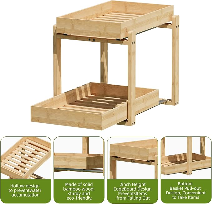 APRTAT 2 Pack Under Sink Organizer, Bamboo Wooden 2-Tier Pull-Out Storage - Image 6