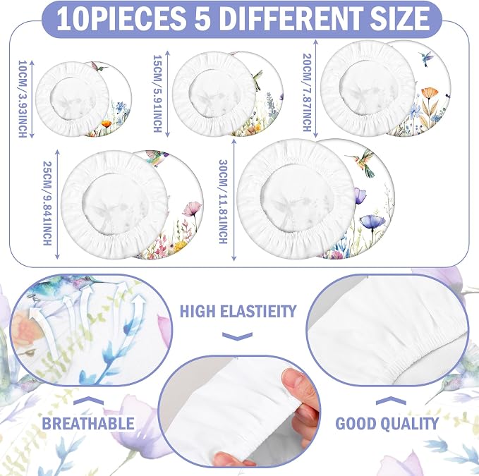 Patelai 10 Pcs Bowl Covers Reusable in 5 Size Stretch Cloth Fabric Elastic Food - Image 2