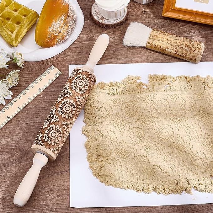 Embossed Wooden Rolling Pin Flower Print 35cm Rolling Pin - Image 4