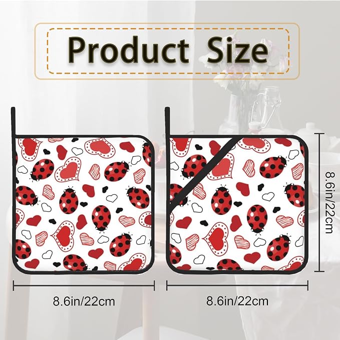 Ladybugs Hearts Pot Holder Set of 2, Heat Resistant Potholders Oven Hot Pads - Image 2