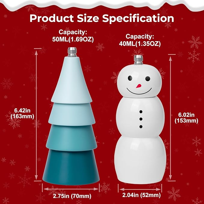 Christmas Salt and Pepper Grinder Set, Snowman & Tree Refillable Salt and - Image 5