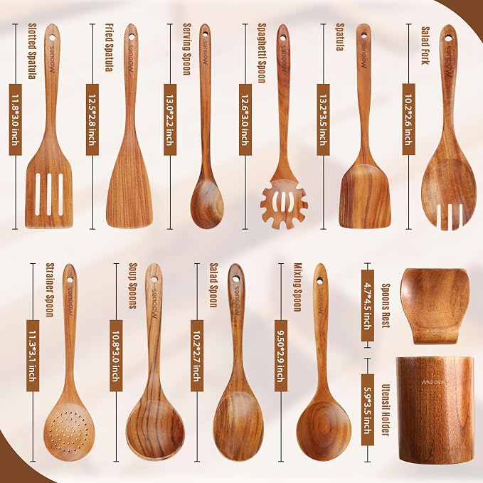 Wooden Spoons for Cooking, Comfortable Grip, Heat Resistant Cooking Utensils Set - Image 2