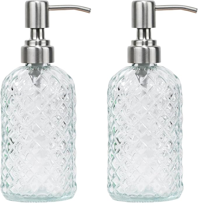 16 oz Diamond Pattern Glass Soap Dispenser, Kitchen and Bathroom Refillable by SDlumeiy